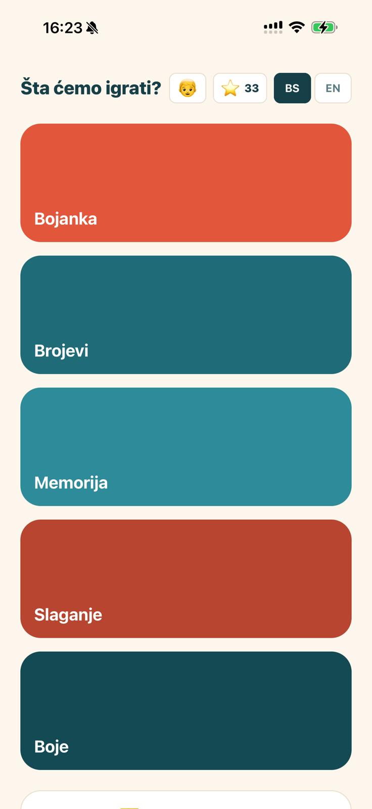 Početni ekran Igraone: Bojanka, Brojevi, Memorija, Slaganje, Boje